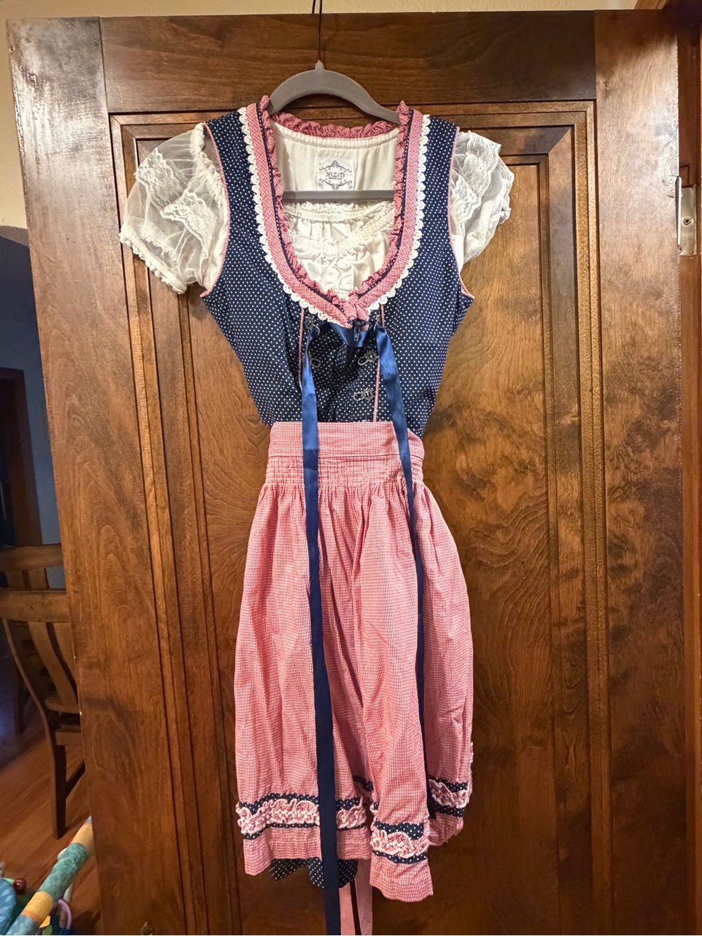 Traditional Pink and Navy Midi Dirndl Dress with Lace Blouse